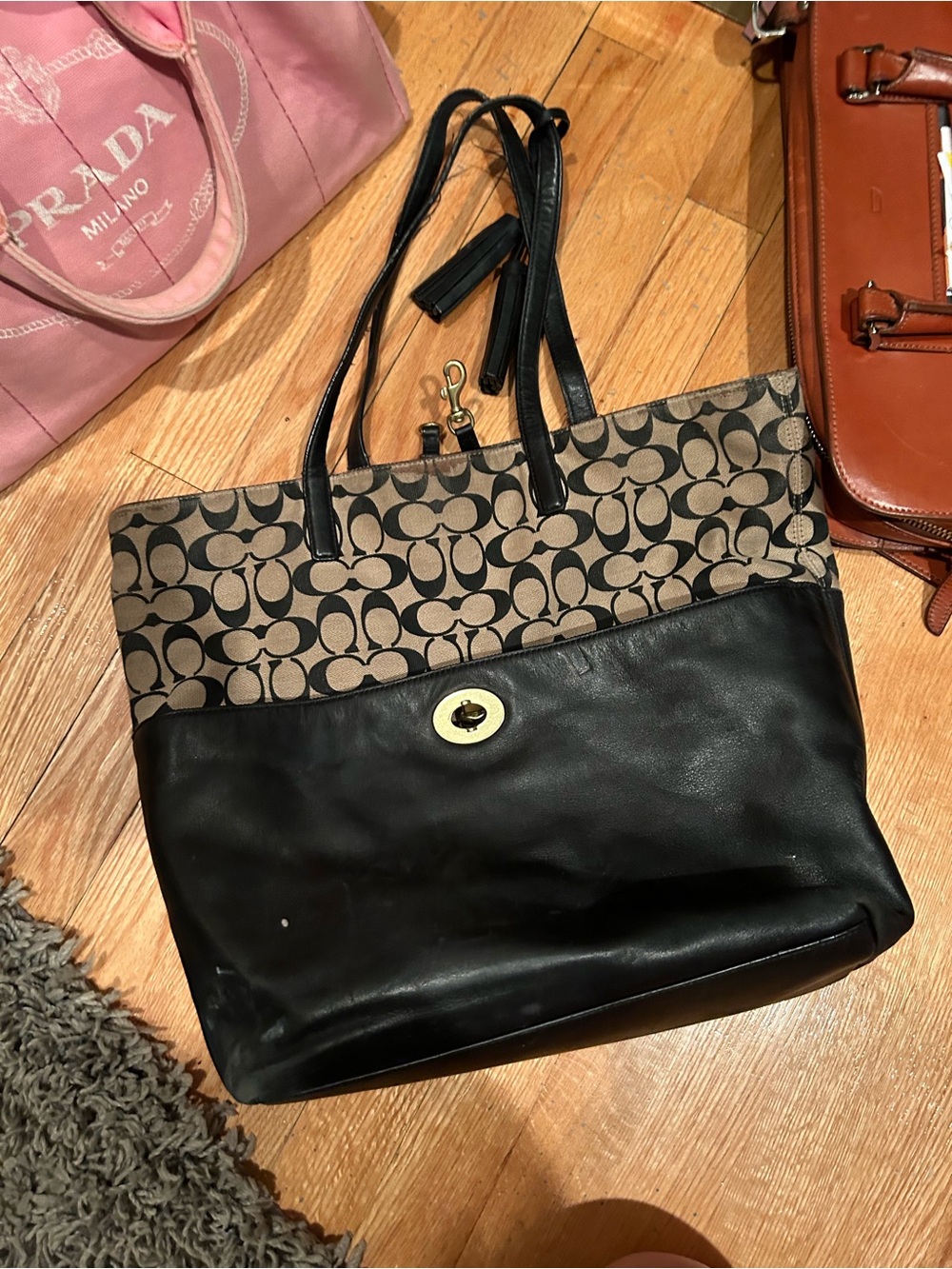 Coach Black Leather and Tan Signature Canvas Tote